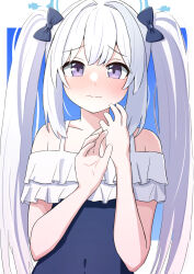 Rule 34 | 1girl, alternate costume, alternate hairstyle, amenocchi, blue archive, blush, breasts, closed mouth, collarbone, commentary request, hair between eyes, hair ornament, halo, highres, long hair, looking at viewer, miyako (blue archive), miyako (swimsuit) (blue archive), outside border, portrait, purple eyes, small breasts, solo, swimsuit, twintails, white hair