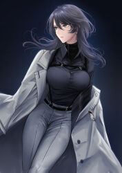 Rule 34 | 1girl, belt, black belt, black hair, black shirt, breasts, chief (path to nowhere), coat, collared shirt, dress shirt, earrings, female chief (path to nowhere), filha, grey coat, grey eyes, grey jacket, grey pants, highres, jacket, jacket on shoulders, jewelry, large breasts, long hair, looking to the side, pants, parted lips, path to nowhere, shirt, shirt tucked in, simple background, solo, suspenders