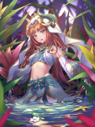 Rule 34 | 1girl, absurdres, agenoumi, aqua eyes, bare shoulders, blush, brooch, circlet, crop top, detached sleeves, flower, forehead jewel, genshin impact, gold trim, highres, horns, jewelry, long hair, long sleeves, looking at viewer, low twintails, navel, neck ring, nilou (genshin impact), parted bangs, parted lips, plant, puffy long sleeves, puffy sleeves, red hair, skirt, smile, solo, stomach, twintails, vambraces, veil, vision (genshin impact), wading, water
