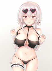 Rule 34 | 1girl, alternate costume, arms at sides, azur lane, bare shoulders, bikini, black bikini, black choker, blush, breasts, choker, cleavage, closed mouth, collarbone, eyelashes, eyewear on head, frilled legwear, frills, gluteal fold, gradient background, grey background, groin, hair between eyes, hands up, heart, heart-shaped eyewear, heckler kai, highres, large breasts, legs apart, looking at viewer, navel, o-ring, o-ring bikini, o-ring top, pink-framed eyewear, pulled by self, red eyes, scrunchie, see-through, short hair, sirius (azur lane), sirius (scorching-hot seirios) (azur lane), solo, strap pull, sunglasses, swimsuit, thigh strap, underboob, white background, white frills, white scrunchie, wrist scrunchie