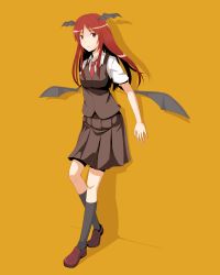 Rule 34 | 1girl, bat wings, black socks, dress shirt, embodiment of scarlet devil, female focus, full body, head wings, highres, kawashina (momen silicon), kneehighs, koakuma, loafers, long hair, looking at viewer, low wings, mary janes, necktie, orange background, red eyes, red hair, red necktie, shirt, shoes, short sleeves, simple background, skirt, skirt set, socks, solo, touhou, vest, white shirt, wings