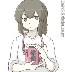 Rule 34 | 1girl, akara kai, braid, brown eyes, brown hair, camera, closed mouth, dated, english text, isonami (kancolle), kamen rider, kamen rider dcd, kantai collection, long hair, looking at viewer, one-hour drawing challenge, shirt, simple background, solo, t-shirt, twitter username, upper body, white background, white shirt