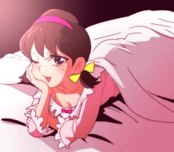 Rule 34 | 10s, 1girl, ;), bed, brown eyes, brown hair, head rest, downblouse, hair ribbon, hairband, null2deoru, one eye closed, osomatsu-kun, osomatsu-san, pajamas, ribbon, short twintails, smile, solo, twintails, under covers, yowai totoko