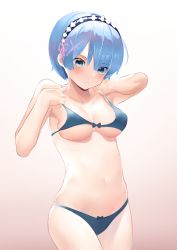 Rule 34 | 1girl, absurdres, adjusting clothes, adjusting swimsuit, bare shoulders, bikini, blue bikini, blue eyes, blue hair, blush, bob cut, breasts, cleavage, closed mouth, commentary request, cowboy shot, front-tie bikini top, front-tie top, gradient background, hair ornament, hairband, highres, legs together, looking down, medium breasts, navel, re:zero kara hajimeru isekai seikatsu, rem (re:zero), short hair, simple background, skindentation, solo, standing, stomach, swimsuit, x hair ornament, zeppeki shoujo
