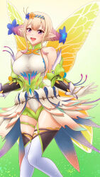 1girl amezuku blonde_hair breasts butterfly_wings fairy fairy_wings fire_emblem fire_emblem_heroes gradient_clothes hair_vines highres insect_wings large_breasts looking_at_viewer nintendo official_alternate_costume open_mouth peony_(cherished_dream)_(fire_emblem) peony_(fire_emblem) plant_hair purple_eyes sleeveless_leotard solo wings