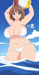 Rule 34 | 1girl, breasts, brown hair, cleavage, curvy, eno konoe, huge breasts, looking at viewer, mikomu, navel, open mouth, original, plump, red eyes, smile, solo, standing, swimsuit, thick eyebrows, thick thighs, wide hips