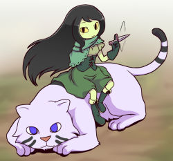 Rule 34 | 1girl, adventure time, amputee, animal, black hair, blush, boots, colored sclera, colored skin, gloves, green gloves, green skin, knife, long hair, looking at viewer, motion lines, nollety, purple eyes, shoko (adventure time), skirt, skirt set, slit pupils, smile, tiger, very long hair, weapon, yellow sclera
