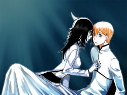 Rule 34 | 1boy, 1girl, arrancar, black hair, black nails, bleach, colored skin, expressionless, facial mark, gender request, genderswap, grey eyes, hair ornament, hairpin, hand on another&#039;s chest, inoue orihime, long hair, looking at another, nail polish, number tattoo, orange hair, parted lips, short hair, skull, tattoo, ulquiorra cifer, white skin