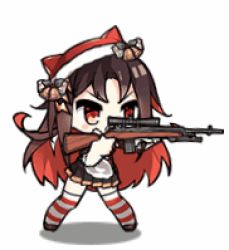 Rule 34 | 1girl, animated, animated gif, black hair, full body, girls&#039; frontline, gun, long hair, lowres, m21, m21 (girls&#039; frontline), m21 (xmas at home) (girls&#039; frontline), match grade firearm, match grade rifle, official alternate costume, rifle, scope, simple background, sniper rifle, solo, striped clothes, striped thighhighs, thighhighs, weapon, white background