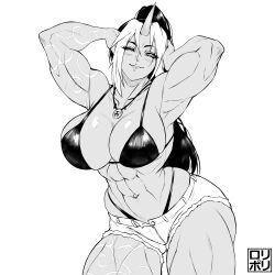Rule 34 | 1girl, absurdres, armpits, bikini, breasts, commentary, cowboy shot, denim, denim shorts, english commentary, greyscale, highres, horns, jamrolypoly, jewelry, large breasts, long hair, looking at viewer, monochrome, muscular, muscular female, navel, necklace, one eye closed, oni, oni horns, original, ponytail, short shorts, shorts, simple background, single horn, smile, solo, swimsuit, watermark, white background