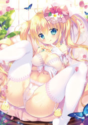 Rule 34 | 1girl, ;q, absurdres, ahoge, aqua eyes, bare shoulders, blonde hair, blush, bra, breast hold, breasts, bug, butterfly, cameltoe, cleavage, cleft of venus, closed mouth, collarbone, covered erect nipples, daisy, finger to mouth, flower, garter straps, gloves, hair between eyes, hair flower, hair ornament, hand up, hibiscus, highres, insect, knees up, lace, lace-trimmed bra, lace-trimmed legwear, lace-trimmed panties, lace trim, leaf, licking lips, long hair, looking at viewer, lying, medium breasts, mikeou, navel, on back, one eye closed, original, panties, petals, pink ribbon, plant, red flower, ribbon, scan, sidelocks, smile, solo, sparkle, spread legs, stomach, strap slip, thighhighs, tongue, tongue out, twintails, underwear, underwear only, veil, very long hair, white bra, white flower, white gloves, white panties, wrist ribbon