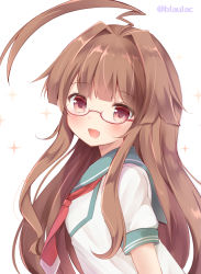 Rule 34 | 10s, 1girl, :d, ahoge, bad id, bad nicoseiga id, brown eyes, brown hair, glasses, glasses day, huge ahoge, kantai collection, kuma (kancolle), long hair, looking at viewer, masayo (gin no ame), neckerchief, open mouth, red-framed eyewear, revision, sailor collar, school uniform, serafuku, shirt, short sleeves, simple background, smile, solo, sparkle, twitter username, white background