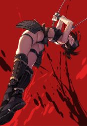 Rule 34 | 1girl, alternate costume, arched back, armor, ass, ayame (tenchuu), backless outfit, black panties, blood, blood splatter, breasts, brown hair, commentary, constricted pupils, crossed ankles, dual wielding, english commentary, faulds, feguimel, fishnet sleeves, fishnet top, fishnets, forehead protector, from behind, from below, full body, greaves, highres, holding, holding sword, holding weapon, japanese armor, jumping, kunoichi, legs together, looking down, ninja, panties, red background, reverse grip, sandals, scabbard, sheath, short hair, short sword, small breasts, solo, strapless, sword, tantou, tenchuu, thigh strap, tube top, twisted torso, underass, underwear, weapon