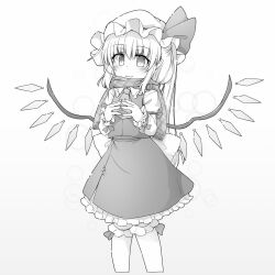 Rule 34 | 1girl, adapted costume, ascot, back bow, bloomers, bow, closed eyes, collared shirt, commentary request, cropped legs, fang, fang out, feet out of frame, flandre scarlet, frilled shirt collar, frilled skirt, frilled sleeves, frills, gradient background, grey background, greyscale, hair between eyes, hat, highres, juliet sleeves, large bow, long hair, long sleeves, looking at viewer, marukyuu ameya, mob cap, monochrome, own hands together, pointy ears, puffy sleeves, scarf, shirt, simple background, skin fang, skirt, skirt set, solo, steepled fingers, touhou, underwear, vest, white background, wings