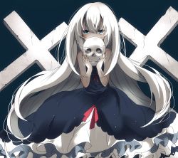 Rule 34 | 1girl, bad id, bad pixiv id, bare arms, black background, blue dress, covering own mouth, cross, dress, frilled dress, frills, fuyusuke, fuyusuke (hz+), hair between eyes, highres, holding, holding skull, long hair, looking at viewer, original, ribbon, skull, sleeveless, sleeveless dress, solo, standing, tears, teeth, very long hair, white hair