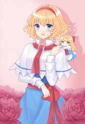Rule 34 | 1girl, alice margatroid, blonde hair, blue dress, blue eyes, blush, bow, capelet, doll, dress, flower, frilled hairband, frills, hair bow, hairband, highres, lolita hairband, looking at viewer, open mouth, pink background, red flower, red hairband, red rose, rose, shanghai doll, short hair, smile, touhou, twelve (thirteen110), white capelet