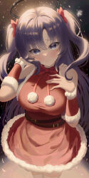 Rule 34 | 1girl, absurdres, blue archive, blush, breasts, closed mouth, cowboy shot, dress, fur-trimmed dress, fur trim, hair between eyes, halo, highres, large breasts, long hair, looking at viewer, mechanical halo, pom pom (clothes), purple eyes, purple hair, red dress, rega, santa costume, snowflakes, solo, thighhighs, two side up, white thighhighs, yuuka (blue archive)