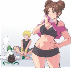 Rule 34 | 1girl, 2boys, ahoge, bare arms, black hair, black shirt, blonde hair, blue eyes, blush, bra, breasts, breath, brown eyes, brown hair, chinese clothes, cleavage, closed mouth, clothes lift, collarbone, crop top, double bun, eyebrows hidden by hair, facial mark, facing another, facing to the side, full body, green headband, green pants, hair bun, hand on own hip, hand up, headband, heavy breathing, highres, indian style, large breasts, lewdamone, long sleeves, looking at another, looking down, looking to the side, lying, matching hair/eyes, medium breasts, micro shorts, midriff, multicolored clothes, multicolored shirt, multiple boys, naruto, naruto (series), naruto shippuuden, navel, official alternate costume, on back, open mouth, pants, purple shirt, rock lee, shirt, shirt lift, short hair, shorts, simple background, sitting, sleeveless, sleeveless shirt, spiked hair, sports bra, standing, sweat, tank top, tenten (naruto), toned, underwear, uzumaki naruto, whisker markings, whiskers, white background, white shirt, wiping face, wiping sweat, wristband