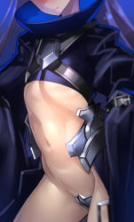 Rule 34 | 10s, 1girl, armor, black coat, blush, close-up, closed mouth, coat, crotch plate, fate/extra, fate/extra ccc, fate (series), flat chest, full-face blush, hands in opposite sleeves, head out of frame, long hair, meltryllis (fate), navel, purple hair, revealing clothes, ribbon, sleeves past wrists, solo, tef