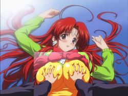 Rule 34 | 00s, 1boy, 1girl, animated, animated gif, blush, breasts, breasts squeezed together, eiken, grabbing, grabbing another&#039;s breast, groping, huge breasts, looking at viewer, mifune densuke, on floor, pov, red hair, shinonome chiharu