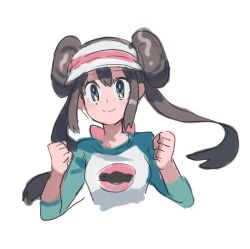 1girl blue_eyes brown_hair clenched_hands closed_mouth creatures_(company) double_bun game_freak hair_bun hands_up highres long_hair nintendo pokemon pokemon_bw2 raglan_sleeves rosa_(pokemon) shichibee_(stm_mimi) simple_background sleeves_past_elbows smile solo twintails upper_body visor_cap white_background