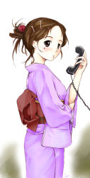 Rule 34 | 1girl, blush, brown eyes, brown hair, corded phone, cropped legs, female focus, hair ornament, hairclip, highres, holding, japanese clothes, kimono, long sleeves, looking at viewer, obi, ooshiro youkou, open mouth, phone, sash, short hair, simple background, solo, white background