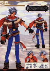 Rule 34 | 1boy, ahoge, asymmetrical clothes, belt, cartridge, coat, denim, fringe trim, from behind, frown, full body, gloves, grey eyes, grey hair, highres, jeans, jet enduro, male focus, official art, ooba wakako, pants, scan, scan artifacts, scarf, shirt, shoes, spiked hair, wild arms, wild arms 3