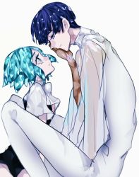 Rule 34 | 2others, androgynous, aqua eyes, aqua hair, blue hair, blunt bangs, colored eyelashes, crystal hair, dual persona, face-to-face, gem uniform (houseki no kuni), golden arms, head rest, houseki no kuni, looking at another, multiple others, multiple persona, phosphophyllite, phosphophyllite (ll), saku (saku5991), see-through, see-through sleeves, short hair, spoilers, white background, white eyes