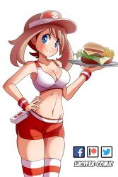 Rule 34 | 1girl, alternate costume, artist name, bare shoulders, blue eyes, blush, breasts, brown hair, burger, cleavage, closed mouth, collarbone, creatures (company), female focus, food, french fries, game freak, hand on own hip, hand up, happy, hat, holding, jpeg artifacts, legs together, looking at viewer, lucyfer, may (pokemon), may (pokemon oras), medium breasts, medium hair, midriff, navel, nintendo, poke ball symbol, poke ball theme, pokemon, pokemon oras, pouch, red hat, red shorts, red thighhighs, shiny skin, short shorts, shorts, simple background, skindentation, smile, solo, sports bra, standing, striped clothes, striped thighhighs, thighhighs, tray, visor cap, waitress, watermark, white background, wristband