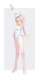 Rule 34 | 1girl, absurdres, alternate costume, animal ears, armpits, arms up, arume ad, bare legs, blue archive, breasts, cleavage, closed eyes, collarbone, commentary request, fake animal ears, full body, groin, halo, hifumi (blue archive), highres, leotard, light brown hair, long hair, low twintails, open mouth, playboy bunny, ribbon, shoes, simple background, small breasts, solo, stretching, twintails