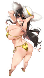 Rule 34 | 1girl, absurdres, arms behind back, ass, bad id, bad twitter id, bikini, black hair, breasts, commentary request, from behind, full body, gold bikini, grin, hat, highres, kantai collection, large breasts, long hair, multicolored hair, naganami (kancolle), pink hair, sandals, side-tie bikini bottom, simple background, smile, solo, standing, straw hat, swimsuit, two-tone hair, wavy hair, white background, white hat, yoshi tama