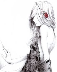 Rule 34 | 1girl, back, bare back, bare shoulders, floral print, flower, hair over eyes, head wreath, lips, long hair, monochrome, navel, original, reclining, see-through, solo, sousou (sousouworks), spot color