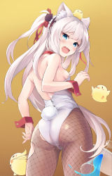 Rule 34 | 1girl, animal ear fluff, animal ears, ass, azur lane, blue eyes, breasts, cat ears, cocktail glass, commentary, cup, drinking glass, fake animal ears, fake tail, fang, fishnet pantyhose, fishnets, from behind, hair ribbon, hammann (azur lane), highres, leotard, long hair, looking at viewer, looking back, manjuu (azur lane), misashi (raichi821), open mouth, pantyhose, playboy bunny, rabbit tail, red ribbon, ribbon, sideboob, silver hair, skin fang, small breasts, solo, surprised, tail, torn clothes, torn pantyhose, two side up, very long hair, white leotard, wrist cuffs