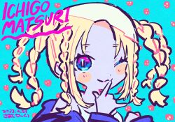 Rule 34 | 1girl, :3, \m/, animification, blonde hair, blue background, blue eyes, blush, braid, bright pupils, closed mouth, dated, hand up, highres, ichigo rinahamu, kiato, long sleeves, looking at viewer, multiple braids, one eye closed, parted bangs, real life, short hair, signature, smile, solo, upper body, white pupils