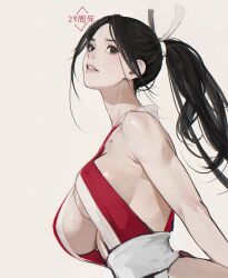 Rule 34 | 1girl, bare arms, bare shoulders, breasts, cleavage, d.k, large breasts, looking at viewer, ninja, ponytail, revealing clothes, ribbon, shiranui mai, sideboob, simple background, sleeveless, solo, the king of fighters, underboob, white background, white ribbon