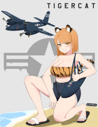 Rule 34 | 1girl, aircraft, airplane, animal ears, animal print, atamonica, bag, bandeau, beach, black shorts, breasts, commentary, english commentary, english text, f7f tigercat, flip-flops, grey background, holding, holding bag, large breasts, looking at viewer, medium hair, midriff, military vehicle, navel, on one knee, orange bandeau, orange hair, original, personification, sandals, shorts, shoulder bag, smile, solo, squatting, tail, tiger ears, tiger girl, tiger print, tiger tail, united states navy, v-shaped eyebrows, vehicle and personification, vehicle name, yellow eyes