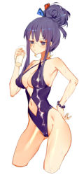 Rule 34 | 1girl, bad id, bad pixiv id, bespectacled, bracelet, breasts, competition swimsuit, crescent, crescent earrings, cup, drinking glass, earrings, female focus, glasses, hair ribbon, hair up, highleg, highleg swimsuit, jewelry, large breasts, one-piece swimsuit, patchouli knowledge, purple eyes, purple hair, purple one-piece swimsuit, ribbon, solo, swimsuit, tian (my dear), touhou, wet