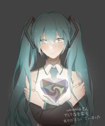 Rule 34 | 1girl, blue eyes, blue hair, blue nails, blue necktie, blush, commentary request, crossed arms, crying, crying with eyes open, detached sleeves, fingernails, flat chest, glowing, glowing heart, grey background, hatsune miku, headset, heart, heart on chest, highres, light particles, light smile, long hair, looking away, nail polish, necktie, shirt, shoulder tattoo, simple background, sleeveless, sleeveless shirt, solo, standing, sun (12077975), tattoo, tears, translation request, twintails, unknown mother goose (vocaloid), upper body, very long hair, vocaloid, white shirt, wowaka