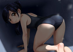 Rule 34 | 1girl, ass, barefoot, black hair, blue one-piece swimsuit, brown hair, from behind, kneepits, legs, long hair, looking back, one-piece swimsuit, original, ponytail, rohitsuka, school swimsuit, soles, solo, swimsuit, thighs, ventilation shaft