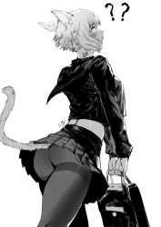 Rule 34 | 1girl, ?, ??, animal ears, ass, bag, breasts, cat ears, cat tail, final fantasy, final fantasy xiv, from behind, greyscale, highres, holding, holding bag, liang jushuang, looking at viewer, medium breasts, midriff, miqo&#039;te, monochrome, neck tattoo, pantyhose, pleated skirt, school uniform, serafuku, short hair, skirt, solo, tail, tattoo, y&#039;shtola rhul