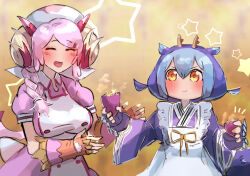 Rule 34 | 2girls, apron, baked potato, blue hair, breasts, dragon girl, dragon horns, dragon tail, dress, duel monster, food, hat, hatano kiyoshi, holding, holding food, horns, large breasts, laundry dragonmaid, long hair, maid, multiple girls, nurse cap, nurse dragonmaid, open mouth, pink hair, smile, tail, wa maid, yellow eyes, yu-gi-oh!