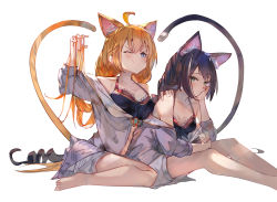 Rule 34 | 2girls, ;), ahoge, animal ear fluff, animal ears, bare legs, bare shoulders, barefoot, bikini, bikini top only, bikini under clothes, black bikini, black hair, blue eyes, blush, breasts, cat ears, cat girl, cat tail, claw pose, cleavage, closed mouth, collarbone, cosplay, expressionless, feet out of frame, green eyes, grey jacket, hand in own hair, hand on own cheek, hand on own face, holding, jacket, juice box, karyl (princess connect!), karyl (princess connect!) (cosplay), karyl (summer) (princess connect!), kemonomimi mode, knees up, long hair, long sleeves, looking at viewer, medium breasts, multicolored hair, multiple girls, off shoulder, one eye closed, open clothes, open jacket, orange hair, pecorine (princess connect!), princess connect!, short shorts, shorts, simple background, sitting, small breasts, smile, streaked hair, swimsuit, tail, tota (sizukurubiks), twintails, two-tone hair, v-shaped eyebrows, very long hair, wariza, white background, white hair, white shorts