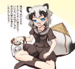 Rule 34 | 10s, 1girl, ?, animal ears, bad id, bad pixiv id, bandaid, bandaid on face, bandaid on nose, black hair, blue eyes, blush, grey hair, hat, unworn hat, unworn headwear, inugami gyoubu (kemono friends), kemono friends, multicolored hair, no shoes, open mouth, raccoon ears, raccoon tail, sailor collar, sitting, socks, solo, tail, torn clothes, totokichi, two-tone hair, white background