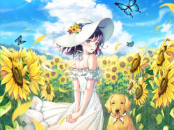 Rule 34 | 1girl, :d, animal, arms behind back, bad id, bad pixiv id, bare shoulders, blue eyes, blue sky, blurry, blurry background, blush, bug, butterfly, cloud, cloudy sky, commentary request, day, depth of field, dog, dress, field, fingernails, flower, flower field, foreign blue, hat, hat flower, highres, insect, long hair, looking at viewer, looking back, nail polish, open mouth, original, outdoors, own hands together, petals, purple flower, purple hair, sky, smile, solo, sun hat, sunflower, sunflower field, white dress, white flower, white hat, yellow nails