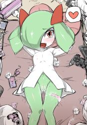 1girl aftersex bed blush cleft_of_venus colored_skin condom condom_wrapper controller creatures_(company) cum cum_in_pussy fang game_controller game_freak gen_3_pokemon green_hair green_skin hair_over_one_eye heart heart_in_mouth horns kirlia loli looking_at_viewer lying mizone multicolored_skin navel nintendo on_back on_bed open_mouth pink_eyes pokemon pokemon_(creature) pussy sidelocks smile sweat tissue_box two-tone_skin used_condom white_skin