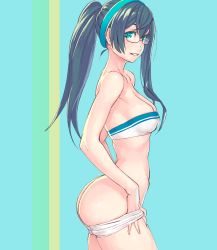 Rule 34 | 10s, 1girl, alternate hairstyle, ass, bandeau, bare shoulders, black hair, blue background, breasts, butt crack, cleavage, clothes pull, contrapposto, cowboy shot, from side, glasses, green eyes, grin, hairband, highres, kantai collection, looking at viewer, medium breasts, no panties, ooyodo (kancolle), pants, pants pull, short shorts, shorts, simple background, smile, solo, standing, strapless, tube top, twintails, yuuji (and)