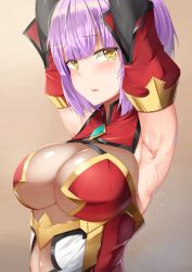 Rule 34 | 1girl, absurdres, armpits, arms up, black gloves, blunt bangs, blush, breasts, detached sleeves, elbow gloves, epic seven, gloves, highres, large breasts, light purple hair, looking at viewer, mengo, mercedes (epic seven), parted lips, see-through, short hair, solo, sweat, upper body, yellow eyes