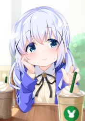 Rule 34 | 1girl, arm support, black ribbon, blue eyes, blue hair, blue jacket, blurry, blurry background, blurry foreground, blush, brown sweater, cacao (chocolat), chair, closed mouth, collared shirt, commentary request, cup, depth of field, disposable cup, drinking straw, gochuumon wa usagi desu ka?, hair ornament, hands up, head tilt, highres, jacket, kafuu chino, long hair, looking at viewer, low twintails, neck ribbon, on chair, open clothes, open jacket, ribbon, shirt, sidelocks, sitting, solo, sweater, table, twintails, upper body, white shirt, x hair ornament
