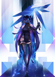 Rule 34 | 1girl, arm at side, bare shoulders, black dress, black gloves, black hair, blue eyes, blue hair, blue theme, blueorca, boots, dress, gas mask, gloves, gradient hair, hair between eyes, highres, holding, holding umbrella, long hair, looking at viewer, mask, multicolored hair, original, platform footwear, science fiction, solo, thigh boots, thighhighs, twintails, umbrella, very long hair