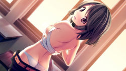 Rule 34 | 1girl, artist request, ass, binding, blush, bra, breasts, brown hair, character request, game cg, looking back, nipples, panties, sarashi, short hair, source request, tagme, underwear, undressing
